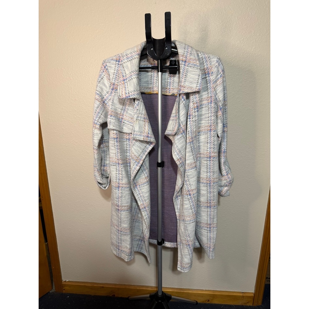 Dolan Left Coast Collection Plaid Open Front Trench Coat Blue Orange White Med